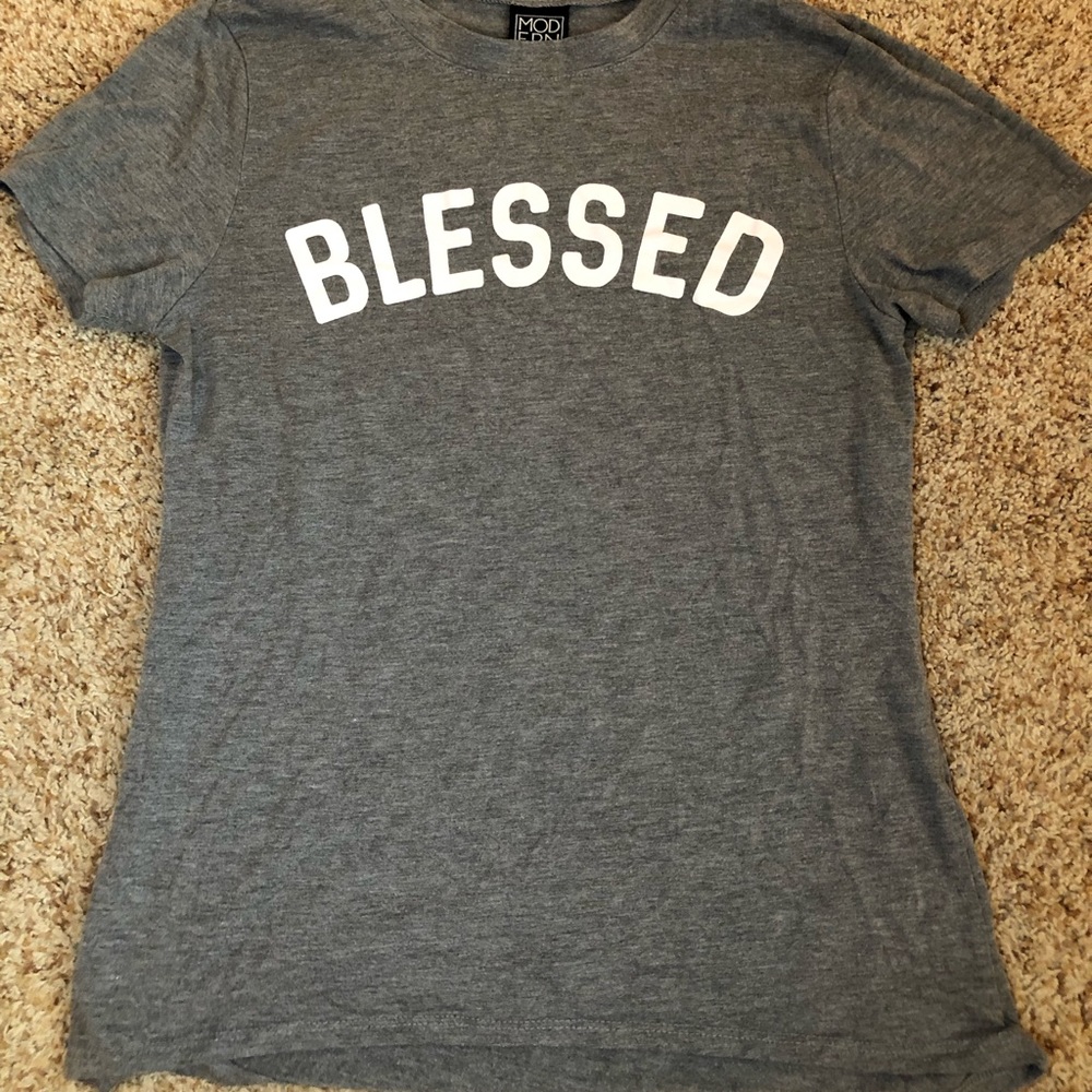 Gray and white ‘BLESSED’ shirt